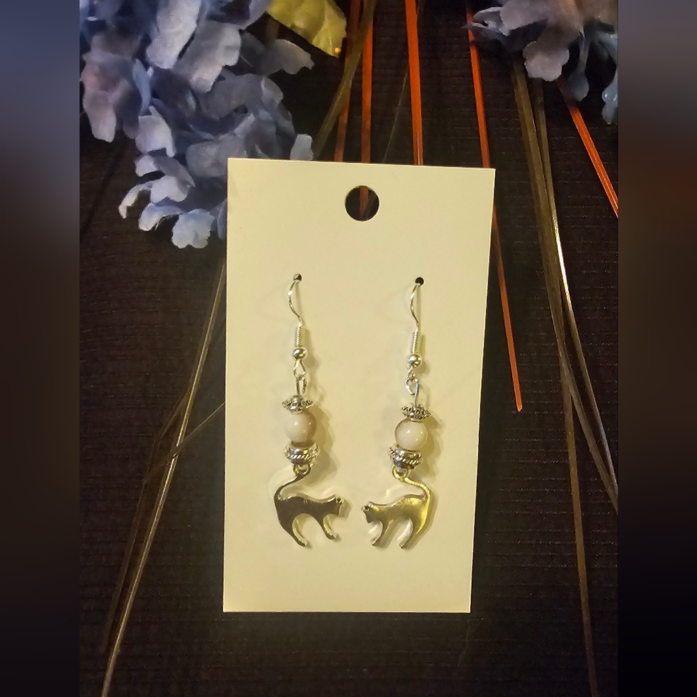 Silver Cat Dangle Earrings
